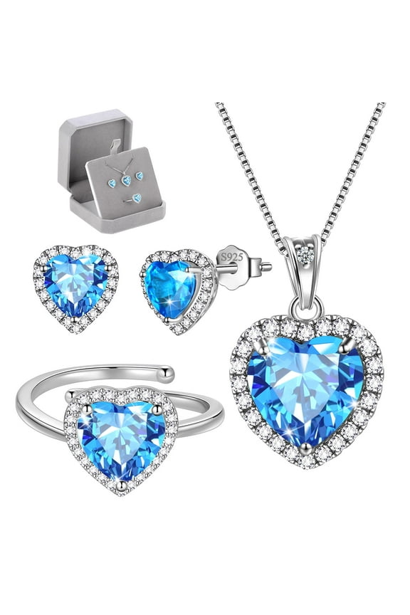 Women Heart Jewelry Set Necklace Earrings Ring 925 Sterling Silver Blue Topaz March Birthstone Aquamarine Mother Birthday Valentine's Day Gift