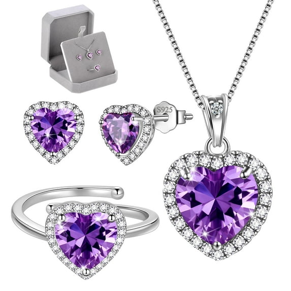 Juwaliy Women Heart Jewelry Set Necklace Earrings Ring 925 Sterling Silver February Birthstone Amethyst Wife Mother Birthday Valentine's Day Gift
