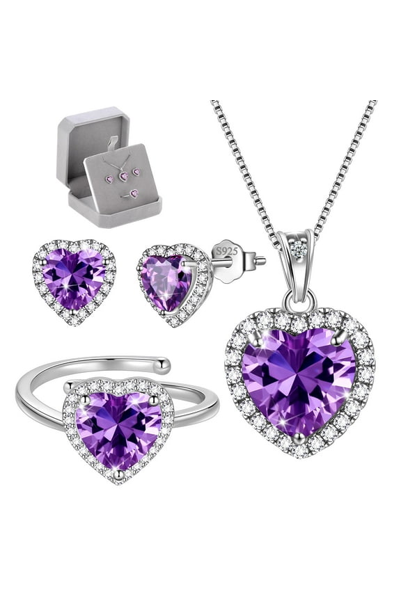Women Heart Jewelry Set Necklace Earrings Ring 925 Sterling Silver February Birthstone Amethyst Wife Mother Birthday Valentine's Day Gift