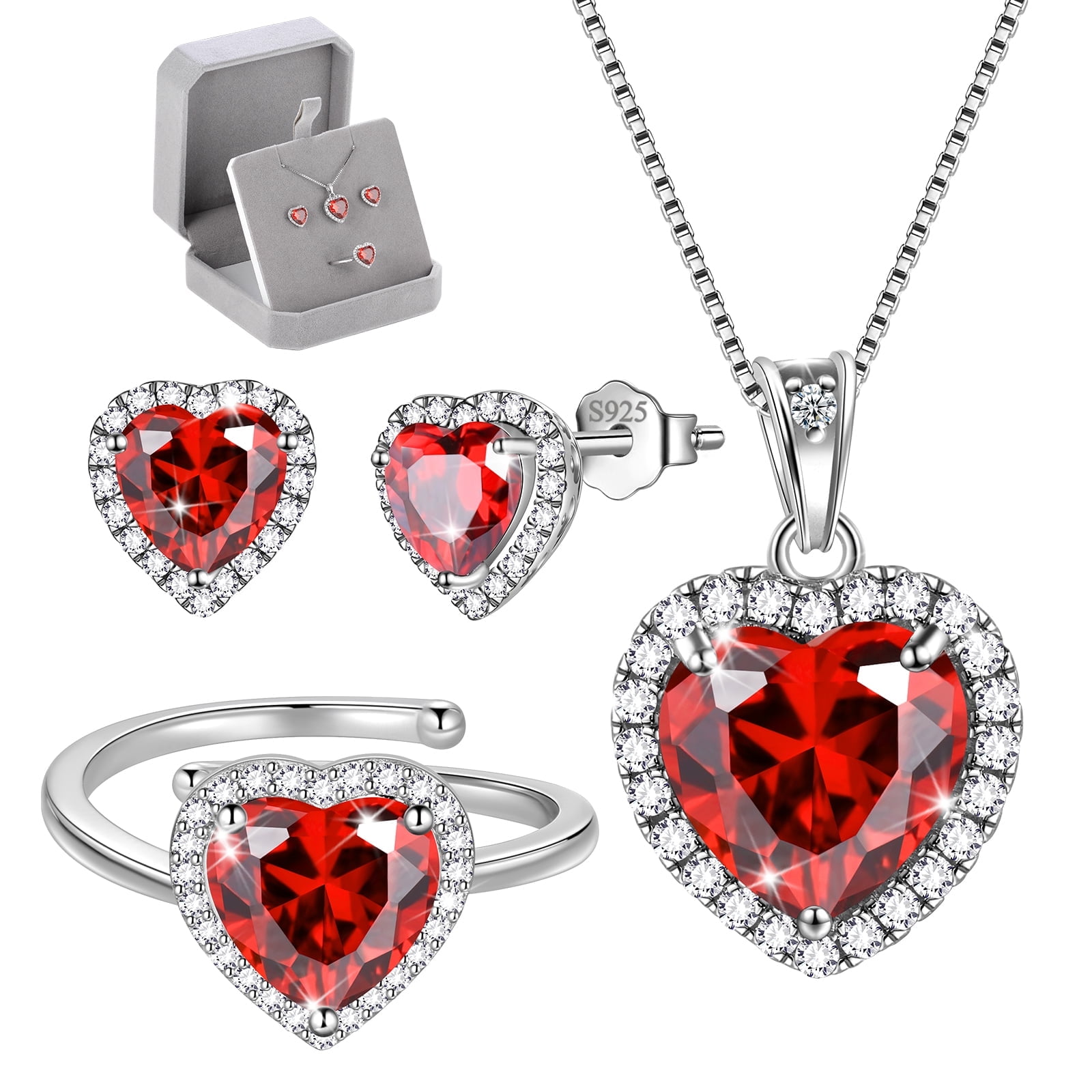 Juwaliy Heart Jewelry Set for Women Necklace Earrings Ring 925 Sterling Silver January Birthstone Garnet Red Mother Christmas Birthday Valentines Gift