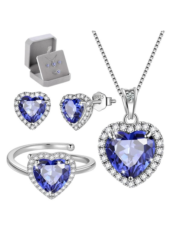 Heart Jewelry Sets for Women Necklace Earrings Ring Tanzanite December Birthstone Jewelry 925 Sterling Silver Christmas Valentines Birthday Mother Gifts