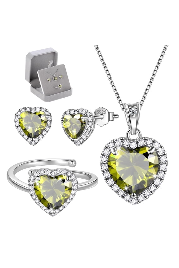 Heart Jewelry Sets for Women Peridot August Birthstone Jewelry Set Necklace Earrings Ring 925 Sterling Silver Mother Christmas Valentines Birthday Gift