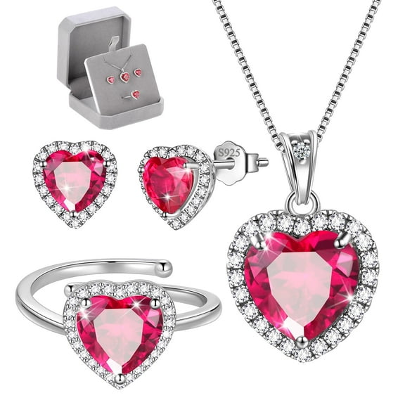 Juwaliy Women Heart Jewelry Sets with Gift Box, Ruby July Birthstone Jewelry Necklace Earrings Ring Sterling Silver Birthday Valentine's Day Gift