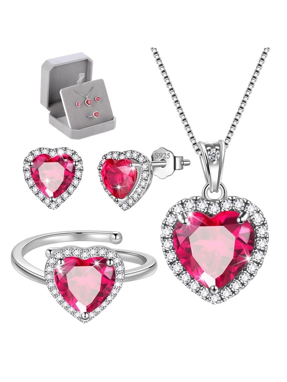 Women Heart Jewelry Sets with Gift Box, Ruby July Birthstone Jewelry Necklace Earrings Ring Sterling Silver Birthday Valentine's Day Gift