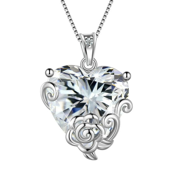 Juwaliy Women Heart Necklace April Birthstone Diamond Crystal Bridal Jewelry 925 Sterling Silver Rose Pendant Mom Birthday Valentine's Day Gift