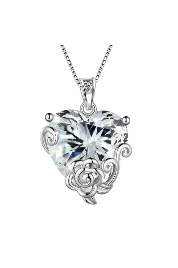 Women Heart Necklace April Birthstone Diamond Crystal Bridal Jewelry 925 Sterling Silver Rose Pendant Mom Birthday Valentine's Day Gift