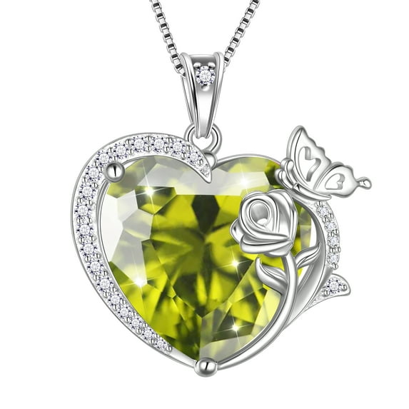 Juwaliy Women Heart Necklace Butterfly Rose Flower Pendant August Birthstone Peridot Jewelry 925 Sterling Silver Wife Mother Birthday Anniversary Gift