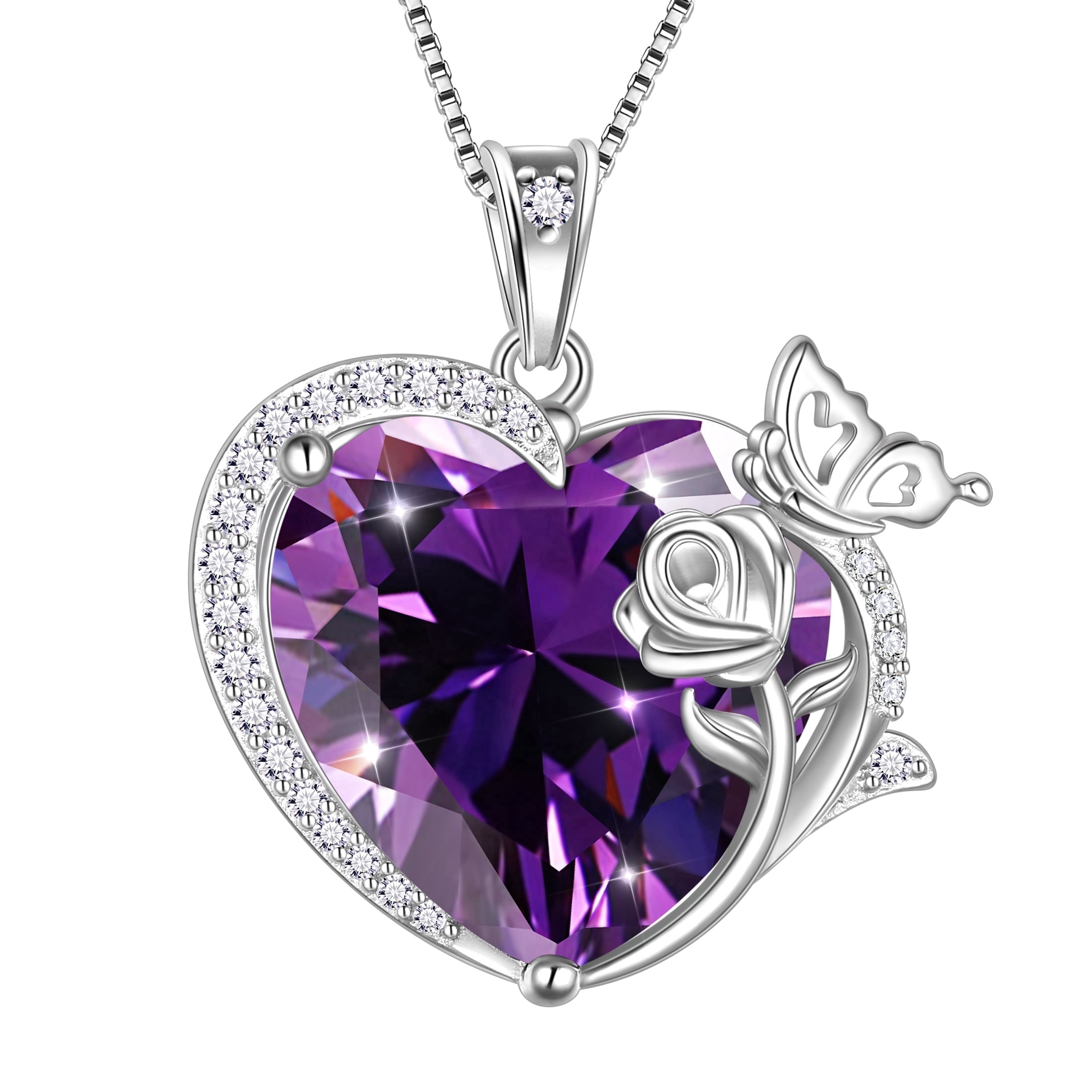 Juwaliy Women Heart Necklace Butterfly Rose Flower Pendant February Birthstone Amethyst Purple 925 Sterling Silver Jewelry Mom Valentine's Day Gifts