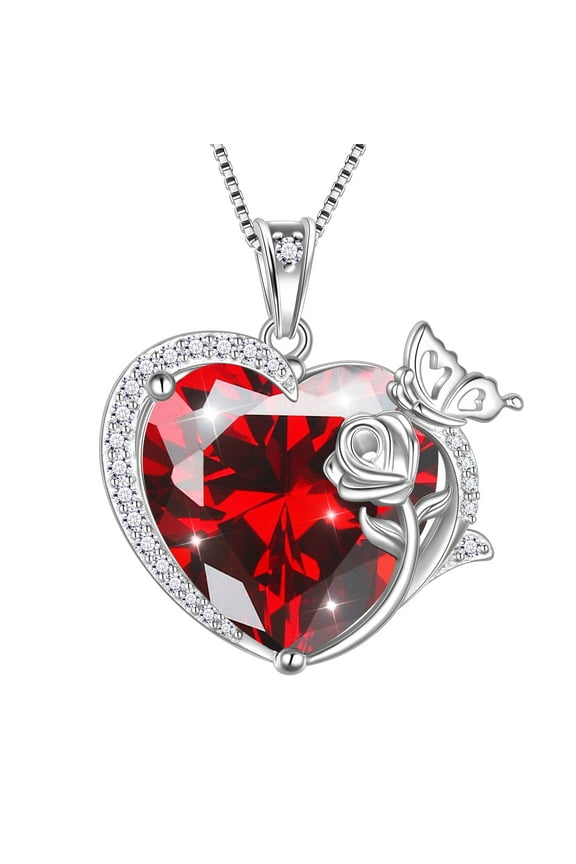 Women Heart Necklace Butterfly Rose Flower Pendant January Birthstone Garnet Red 925 Sterling Silver Jewelry Wife Mother Valentine's Day Gifts