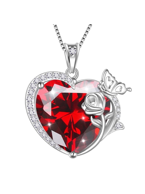 Women Heart Necklace Butterfly Rose Flower Pendant January Birthstone Garnet Red 925 Sterling Silver Jewelry Wife Mother Valentine's Day Gifts