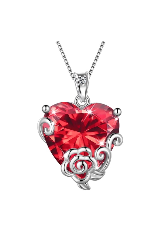 Women Heart Necklace July Birthstone Ruby Jewelry 925 Sterling Silver Red CZ Flower Rose Pendant Mother Birthday Valentine's Day Gifts