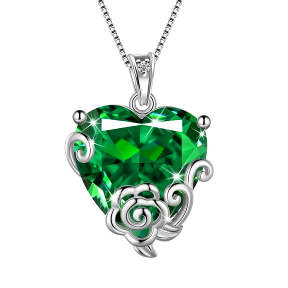 Juwaliy Women Heart Necklace May Birthstone Emerald Jewelry 925 Sterling Silver Green Rose Flower Pendant Mom Grandma Birthday Mother's Day Gift