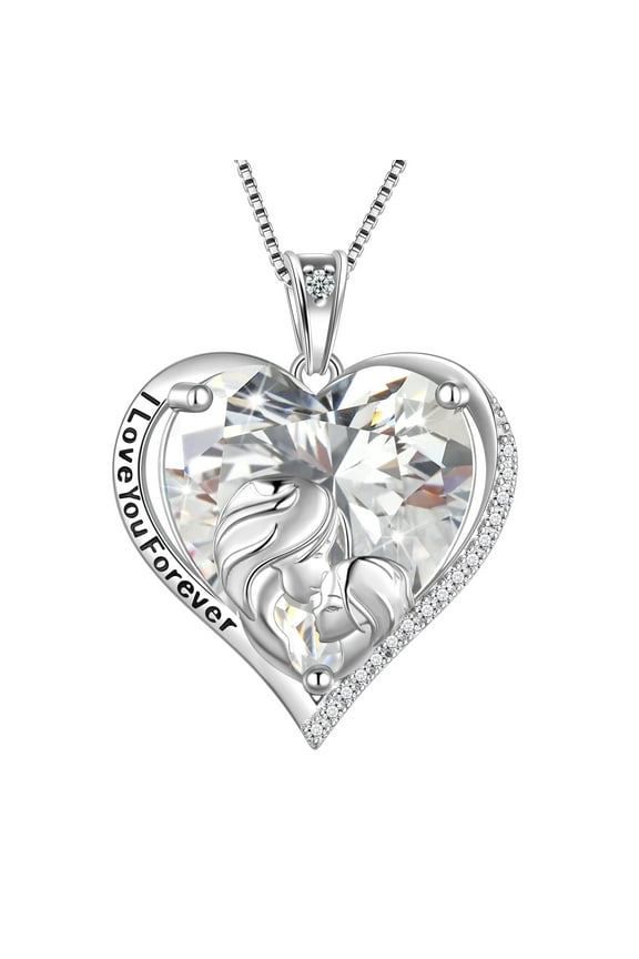 Women Heart Necklace for Mother Daughter 925 Sterling Silver Crystal Diamond Birthstone Pendant Jewelry April Birthday Christmas Mother's Day Gift