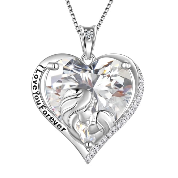 Juwaliy Women Heart Necklace for Mother Daughter 925 Sterling Silver Crystal Diamond Birthstone Pendant Jewelry April Birthday Christmas Mother's Day Gift