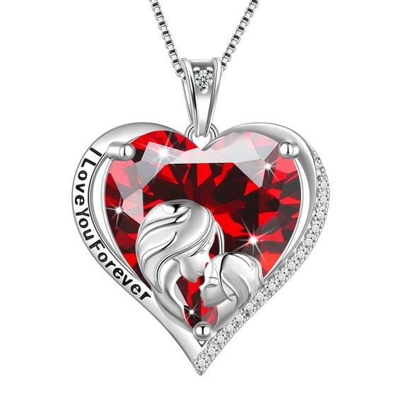Juwaliy Women Heart Necklace for Mother Daughter 925 Sterling Silver Red Garnet Birthstone Pendant Jewelry January Birthday Christmas Mother's Day Gift