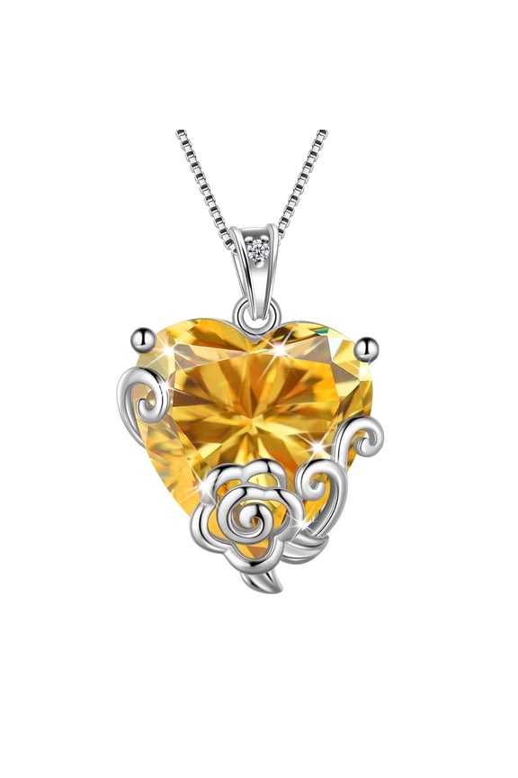 Women Heart Necklace November Birthstone Citrine Jewelry Yellow 925 Sterling Silver Rose Flower Pendant Christmas Birthday Gifts for Mother