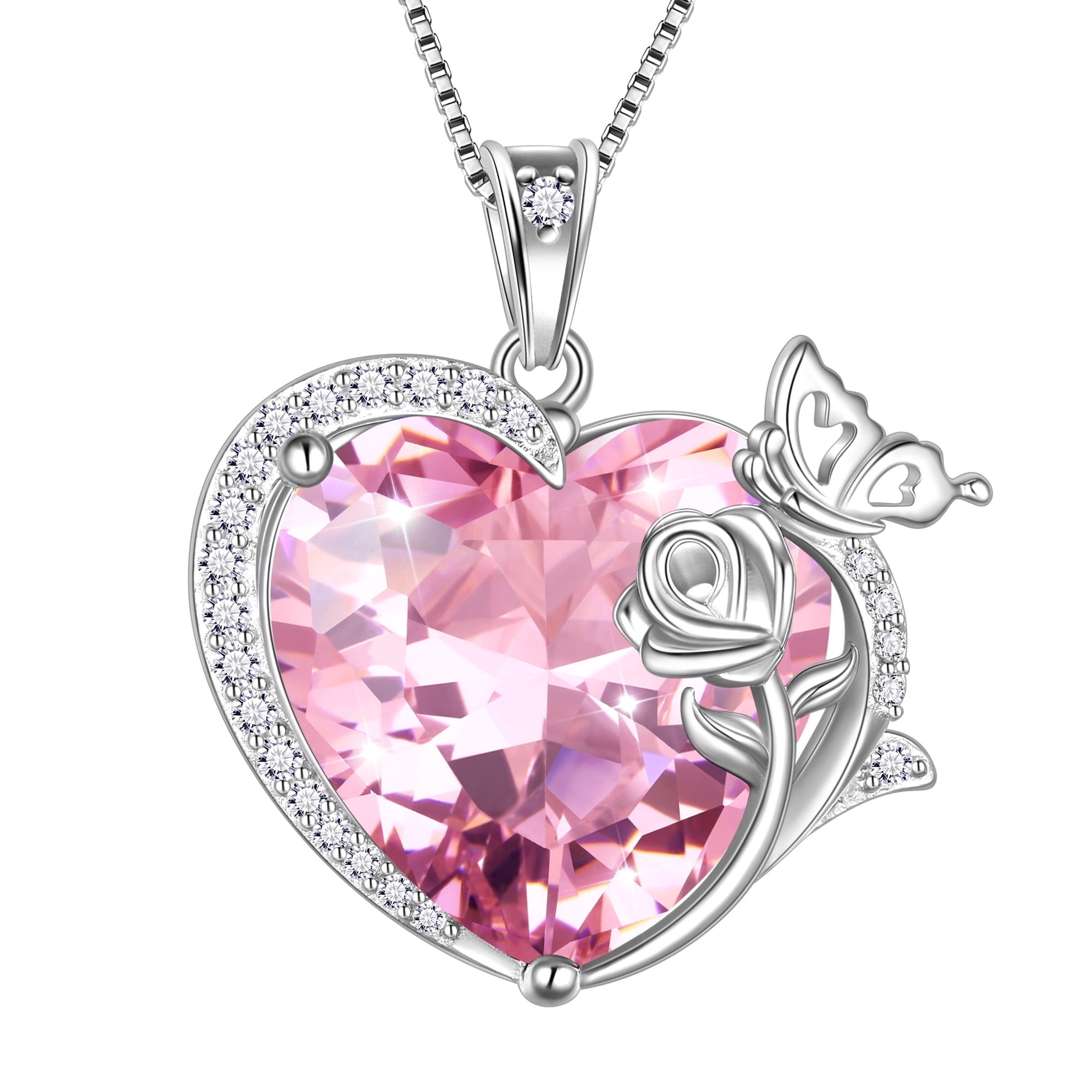 Juwaliy Women Heart Necklace Butterfly Rose Flower Pendant October Birthstone Tourmaline Pink Jewelry 925 Sterling Silver Mother Wife Girlfriend Valentines Gift