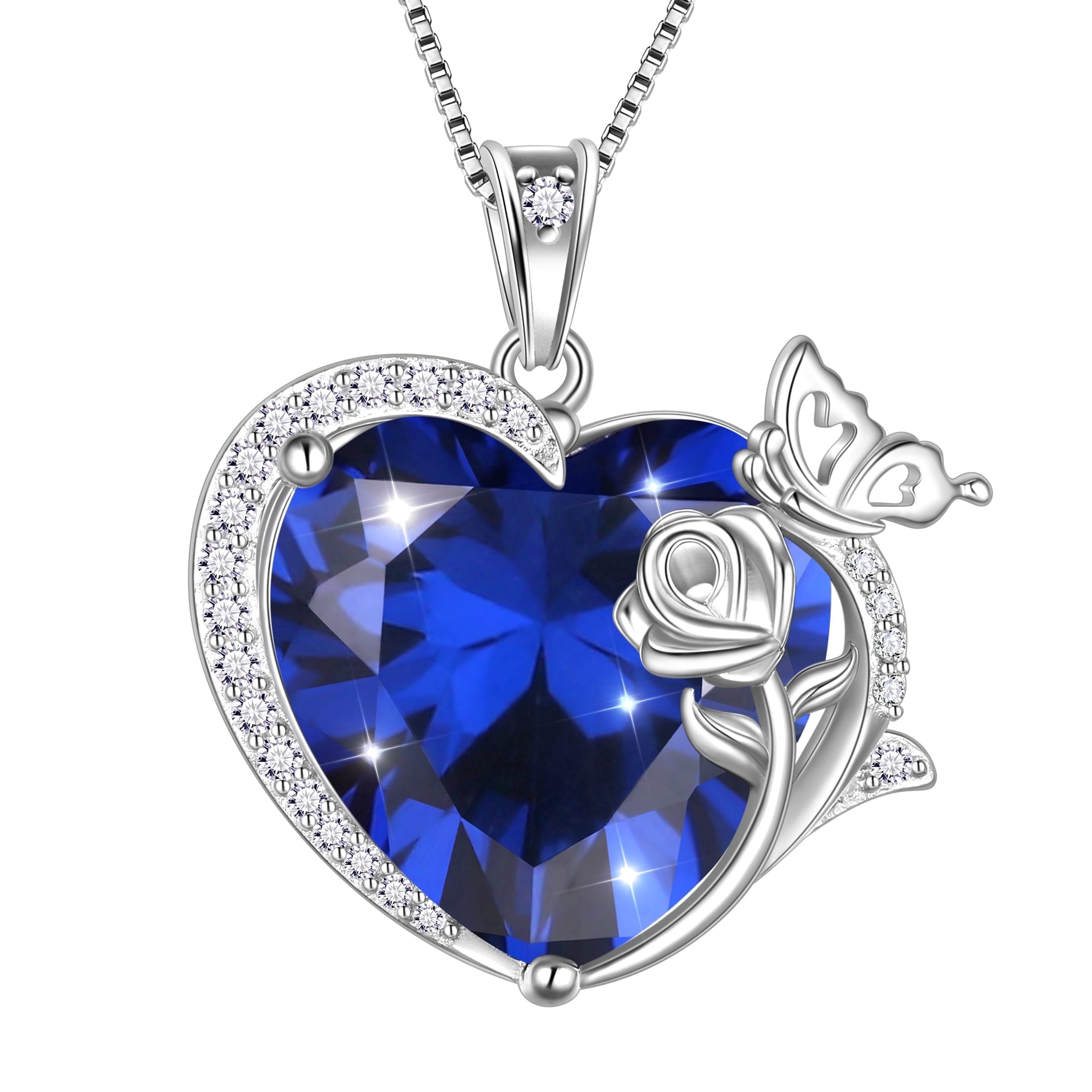 Juwaliy Women Heart Necklace Butterfly Rose Flower Pendant September Birthstone Blue Sapphire Jewelry 925 Sterling Silver Grandma Mother's Day Gift