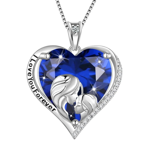 Juwaliy Women Heart Necklace for Mom Daughter 925 Sterling Silver Blue Sapphire Birthstone Jewelry Charm September Birthday Christmas Mother's Day Gift for Her