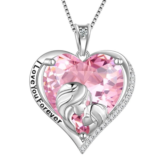 Juwaliy Women Heart Necklace for Mom Daughter 925 Sterling Silver Pink Tourmaline Birthstone Pendant Jewelry October Birthday Christmas Mothers Day Gift for Her