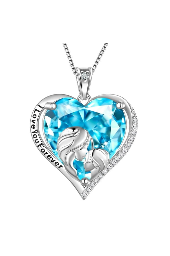 Women Heart Necklace for Mother Daughter 925 Sterling Silver Blue Aquamarine Birthstone Pendant Jewelry Mom March Birthday Mother's Day Gift
