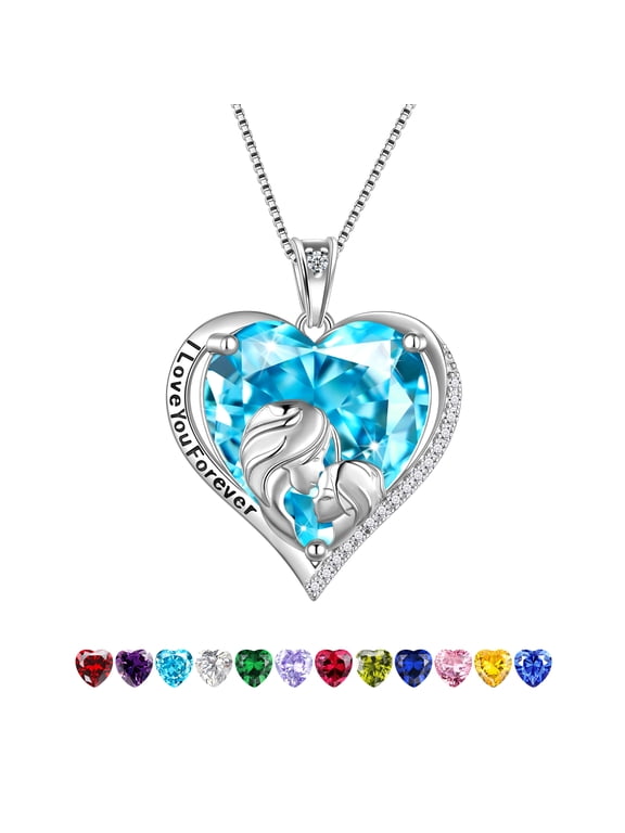 Women Heart Necklace for Mother Daughter 925 Sterling Silver Blue Aquamarine Birthstone Pendant Jewelry Mom March Birthday Mother's Day Gift