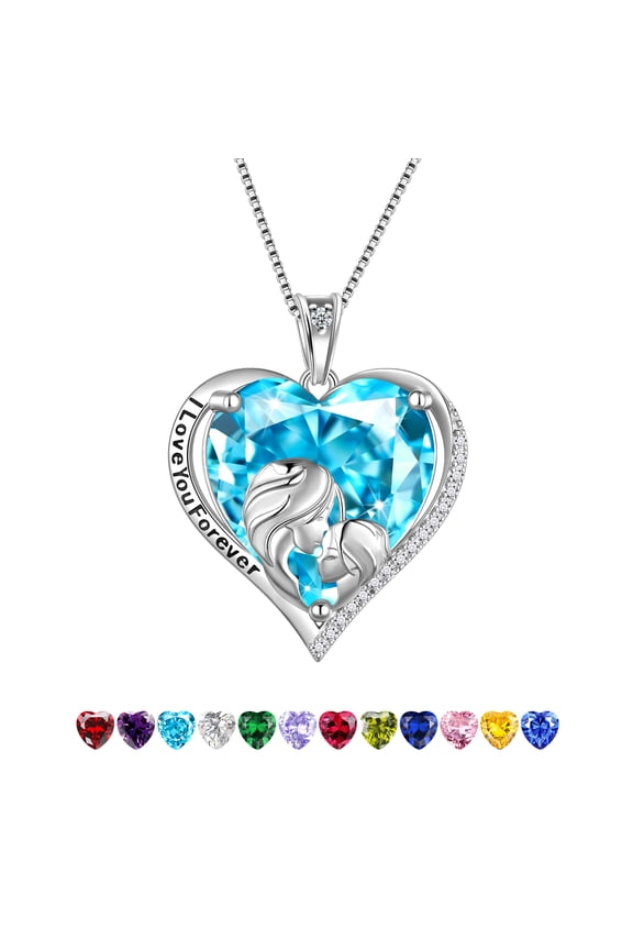 Women Heart Necklace for Mother Daughter 925 Sterling Silver Blue Aquamarine Birthstone Pendant Jewelry Mom March Birthday Mother's Day Gift