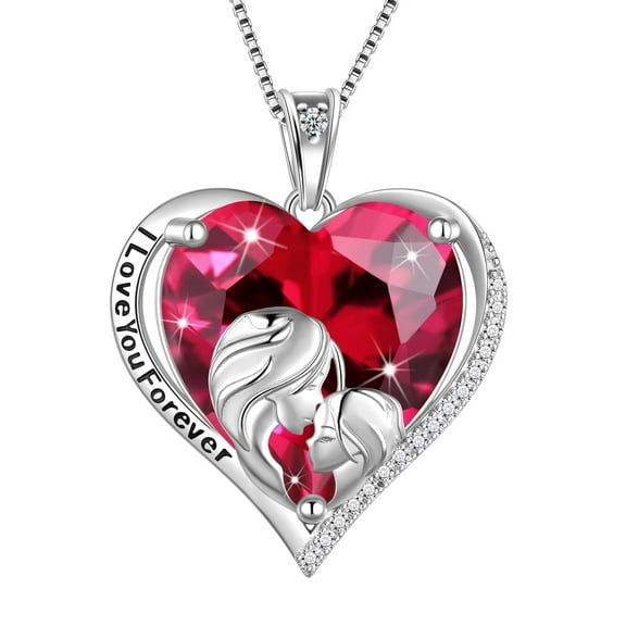 Juwaliy Women Heart Necklace for Mother Daughter 925 Sterling Silver CZ Ruby Birthstone Pendant Jewelry July Birthday Christmas Mother's Day Gift