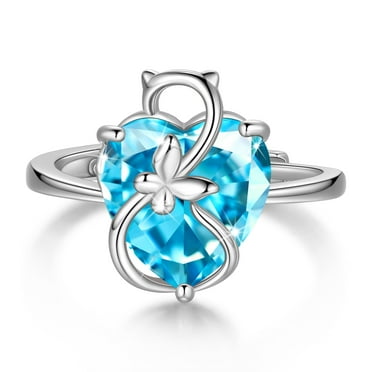 Juwaliy Women Heart Ring 925 Sterling Silver Butterfly March Birthstone Aquamarine Blue Solitaire Ring Jewelry Birthday Gift for Cat Lover Mother
