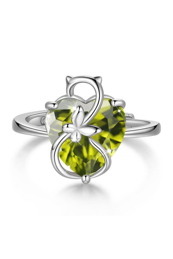 Women Heart Ring 925 Sterling Silver Cat Butterfly August Birthstone Peridot Solitaire Ring Jewelry Mom Christmas Birthday Gift