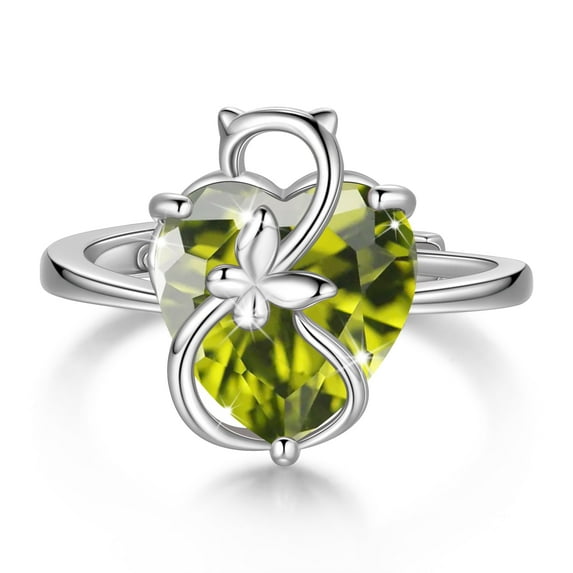 Juwaliy Women Heart Ring 925 Sterling Silver Cat Butterfly August Birthstone Peridot Solitaire Ring Jewelry Mom Christmas Birthday Gift