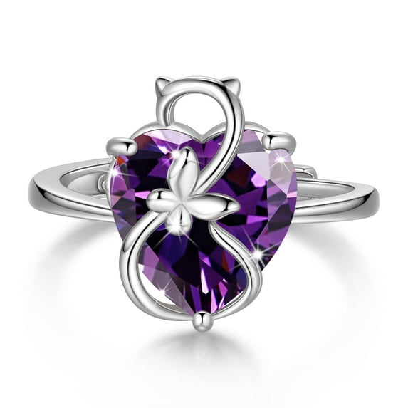 Juwaliy Women Heart Ring 925 Sterling Silver Cat Butterfly February Birthstone Amethyst Purple Solitaire Ring Jewelry Girlfriend Cat Lover Valentine's Day Gift