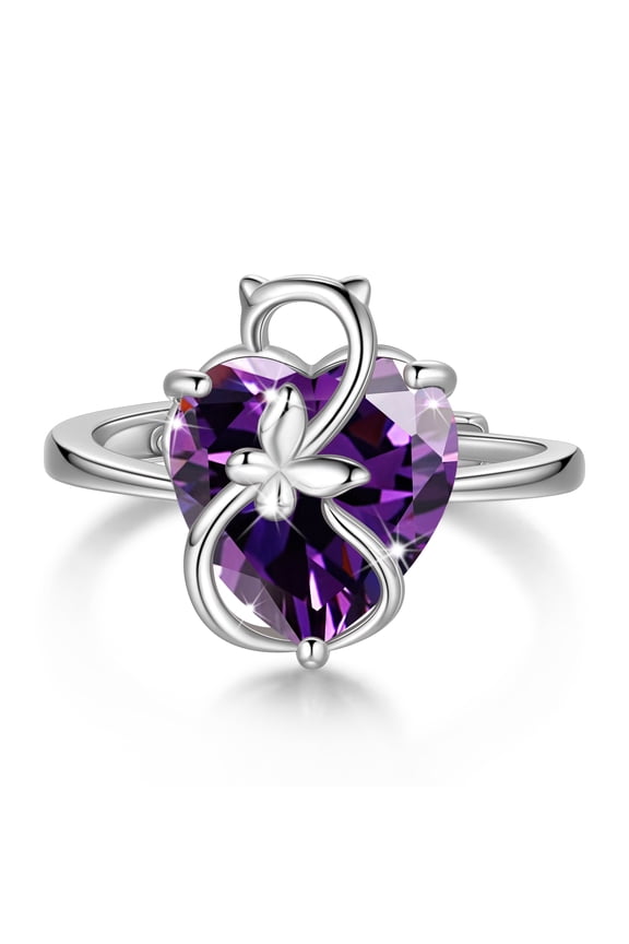 Women Heart Ring 925 Sterling Silver Cat Butterfly February Birthstone Amethyst Purple Solitaire Ring Jewelry Girlfriend Cat Lover Valentine's Day Gift