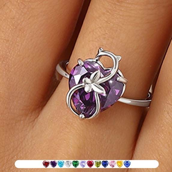 Juwaliy Women Heart Ring 925 Sterling Silver Cat Butterfly February Birthstone Amethyst Purple Solitaire Ring Jewelry Girlfriend Cat Lover Christmas Valentine's Day Gift
