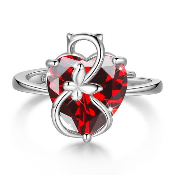 Juwaliy Women Heart Ring 925 Sterling Silver Cat Butterfly January Birthstone Garnet Solitaire Ring Jewelry Mother Birthday Valentine's Day Gift
