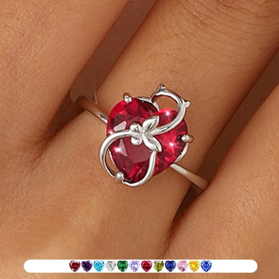 Juwaliy Women Heart Ring 925 Sterling Silver Cat Butterfly July Birthstone Ruby Red Solitaire Ring Jewelry Mother Christmas Birthday Valentine's Day Gift