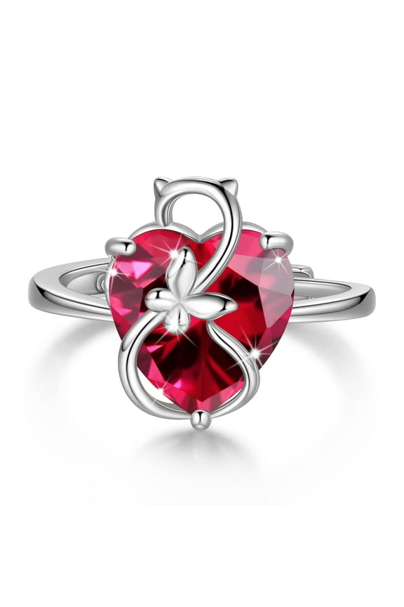 Women Heart Ring 925 Sterling Silver Cat Butterfly July Birthstone Ruby Red Solitaire Ring Jewelry Mother Birthday Valentine's Day Gift