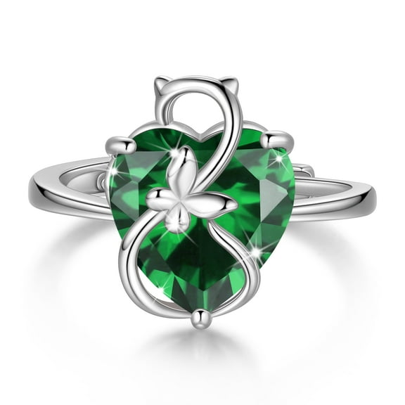 Juwaliy Women Heart Ring 925 Sterling Silver Cat Butterfly May Birthstone Emerald Green Solitaire Ring Jewelry Cat Lover Birthday Mother's Day Gift