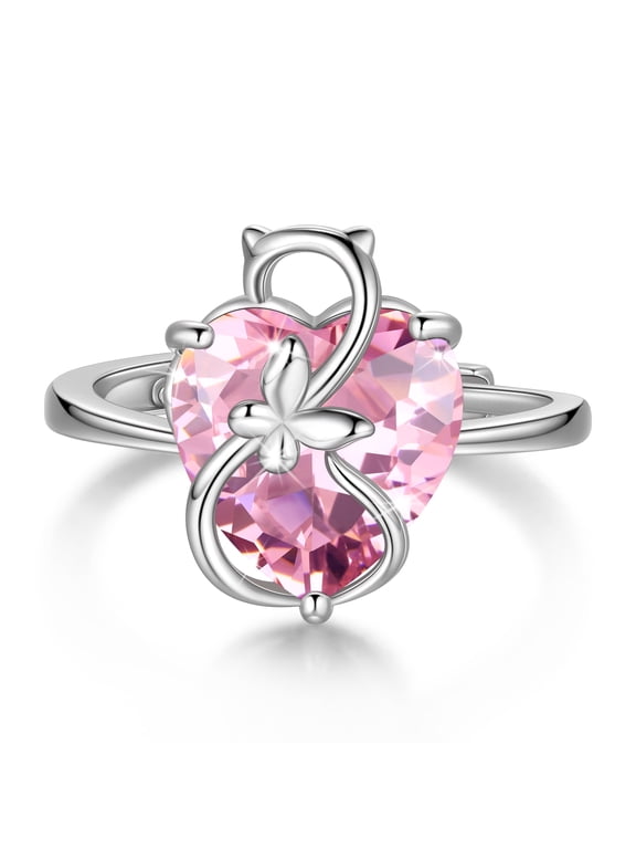 Women Heart Ring 925 Sterling Silver Cat Butterfly October Birthstone Tourmaline Pink Solitaire Ring Jewelry Mother Birthday Valentine's Day Gifts