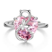 JUWALIY Women Heart Ring 925 Sterling Silver Cat Butterfly October Birthstone Tourmaline Pink Solitaire Ring Jewelry Mother Birthday Valentine's Day Gifts