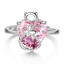 Juwaliy Women Heart Ring 925 Sterling Silver Cat Butterfly October Birthstone Tourmaline Pink Solitaire Ring Jewelry Mother Birthday Valentine's Day Gifts