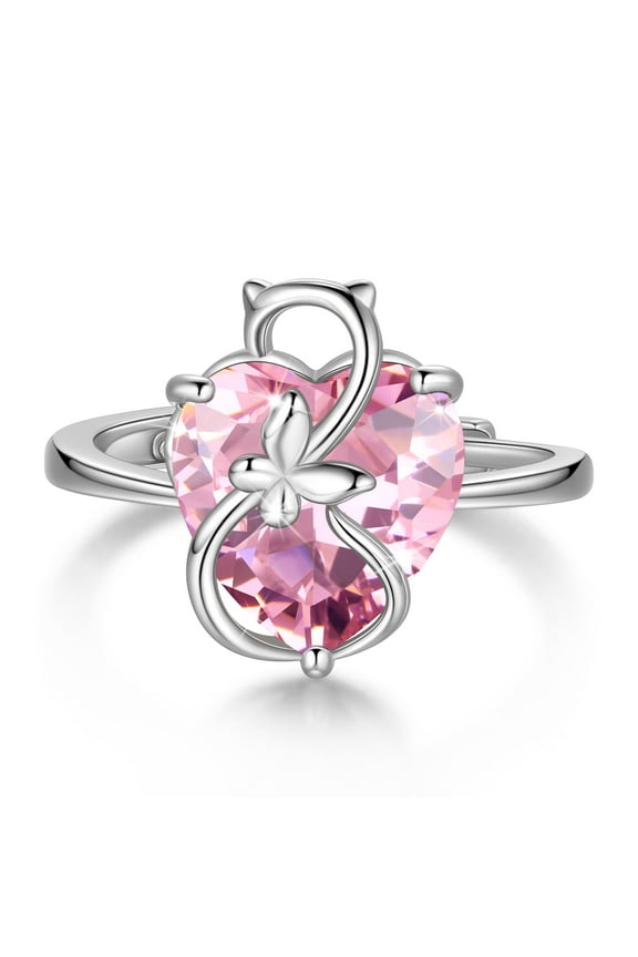 Women Heart Ring 925 Sterling Silver Cat Butterfly October Birthstone Tourmaline Pink Solitaire Ring Jewelry Mother Birthday Valentine's Day Gifts