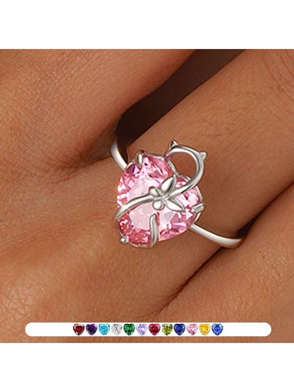 Women Heart Ring 925 Sterling Silver Cat Butterfly October Birthstone Tourmaline Pink Solitaire Ring Jewelry Mother Christmas Birthday Valentine's Day Gifts