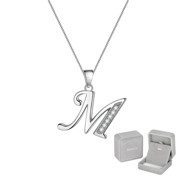 Juwaliy Women Initial Charm Letter M Necklace 925 Sterling Silver Personalized Alphabet Name Iced Out Monogram Pendant Jewelry Gift for Mother Wife Daughter