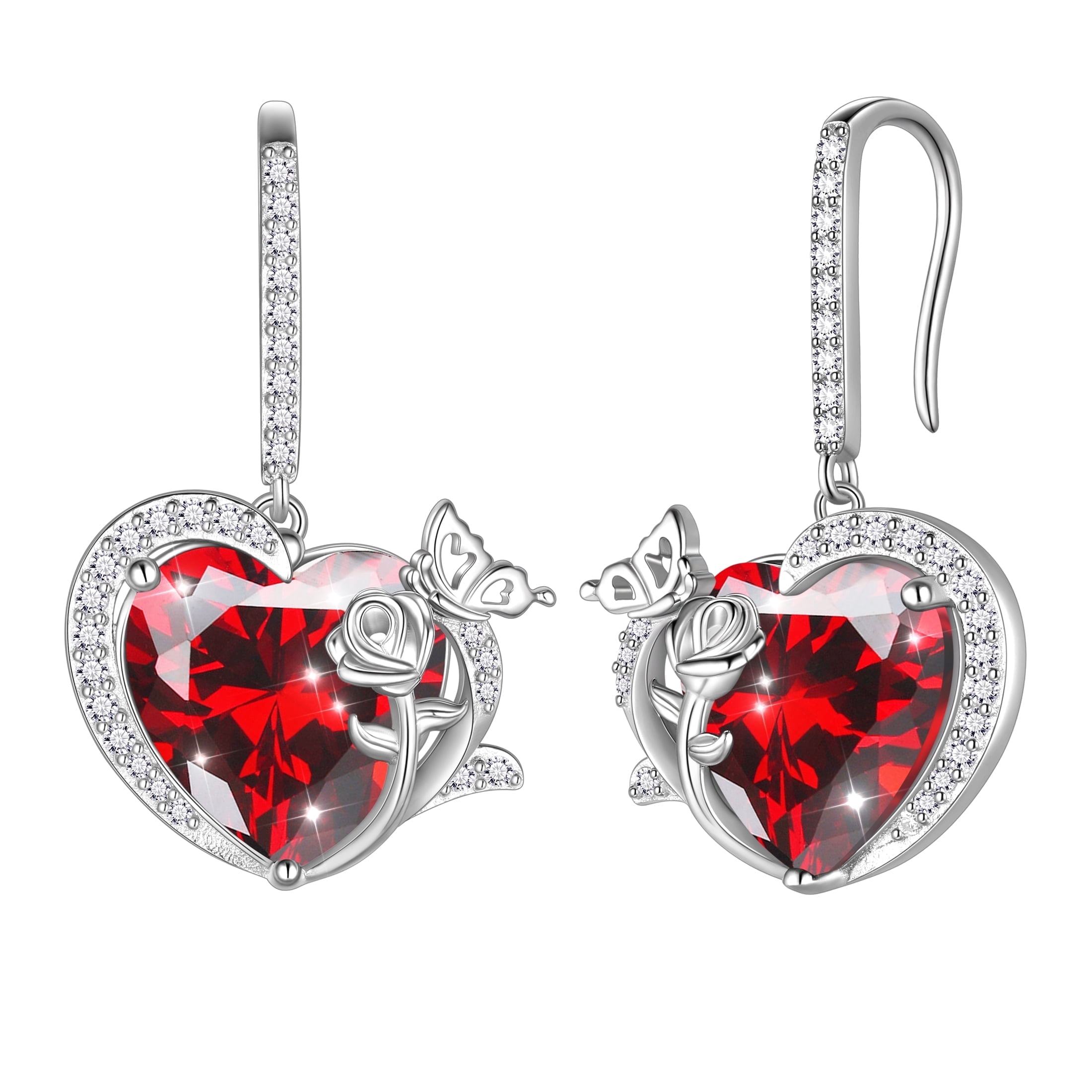 Juwaliy Women Drop Earrings 925 Sterling Silver Hook Earrings January Birthstone Heart Garnet Red Butterfly Rose Flower Jewelry Mother Christmas Valentines Gift