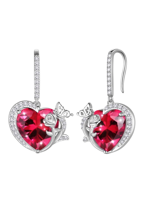 Women Drop Earrings July Birthstone Heart Ruby Red Butterfly Flower Jewelry Hook 925 Sterling Silver Earring Mother Wife Christmas Valentine's Day Gift