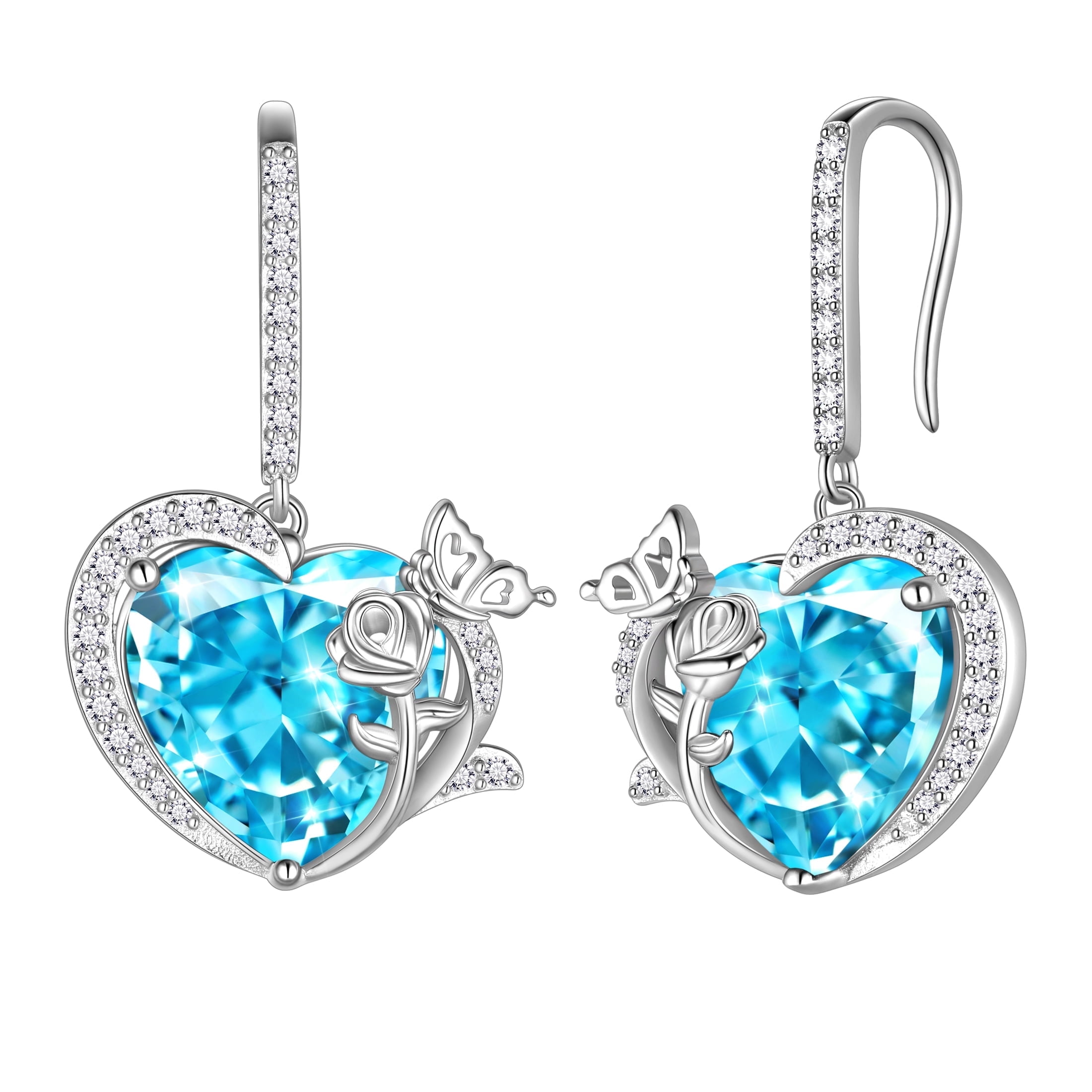 Juwaliy Women Drop Earrings March Birthstone Heart Aquamarine Blue Butterfly Flower Hook 925 Sterling Silver Earrings Valentines Christmas Jewelry Gift for Her