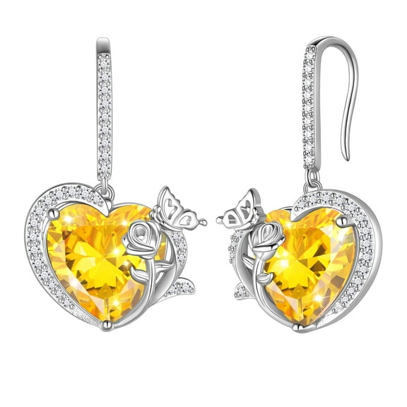 Juwaliy Women Drop Earrings November Birthstone Heart Citrine Yellow Butterfly Rose Jewelry 925 Sterling Silver Hook Wife Christmas Mother's Day Gifts for Mom