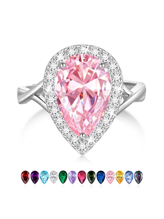 Women Pear Shape Ring Silver Plated Halo Teardrop Pink Tourmaline October Birthstone Rings Jewelry Mother Wedding Valentine's Day Gift Idea