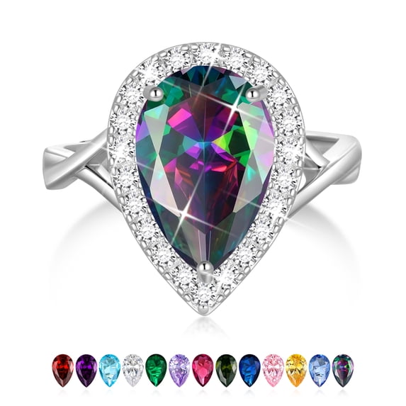 Juwaliy Women Pear Shape Ring Silver Plated Halo Teardrop Rainbow Mystic Topaz Ring Jewelry Christmas Valentines Mother's Day Gift for Wife/Grandma